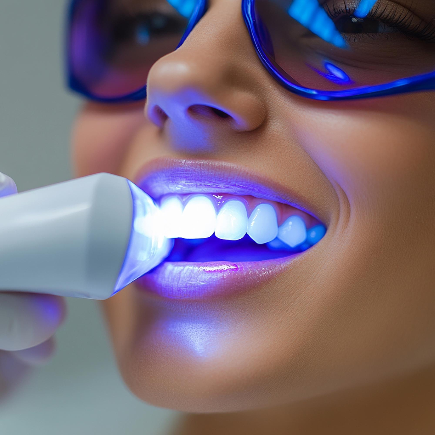 Lampada LED blu puntata sui denti durante lo sbiancamento