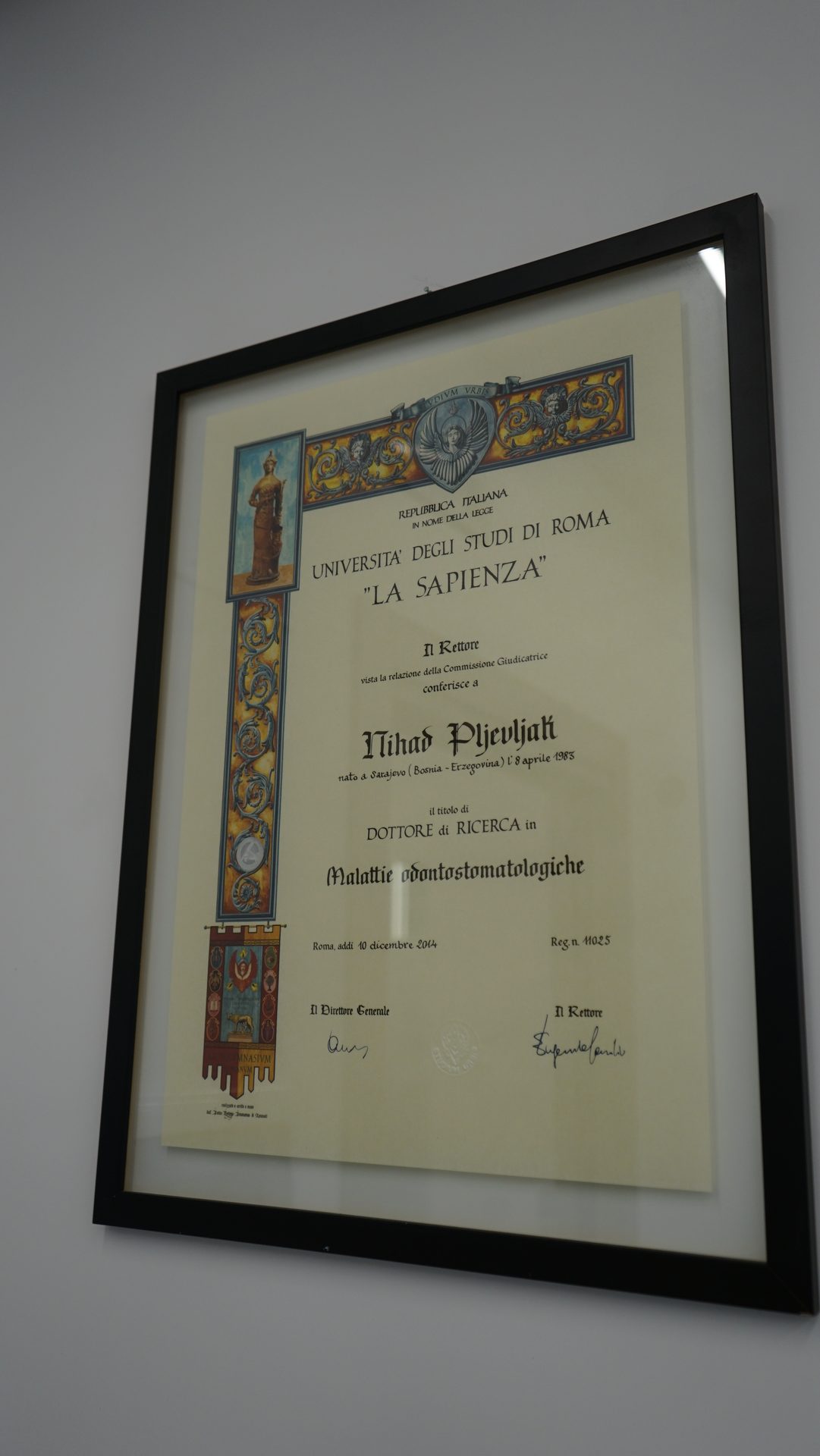 PhD diploma of Dr Nihad Pljevljak, Sapienza University of Rome