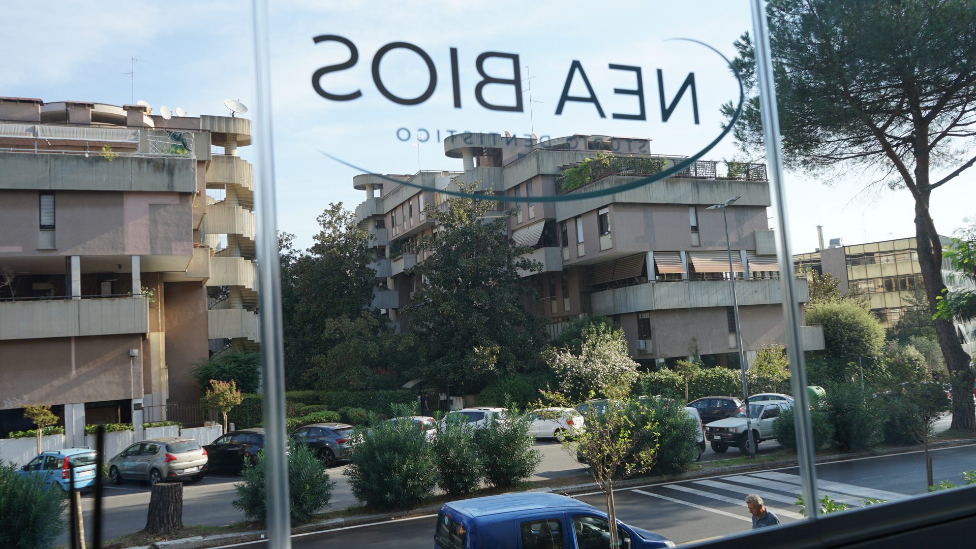 The view over Via Cesare Pavese from Nea Bios Dental Clinic